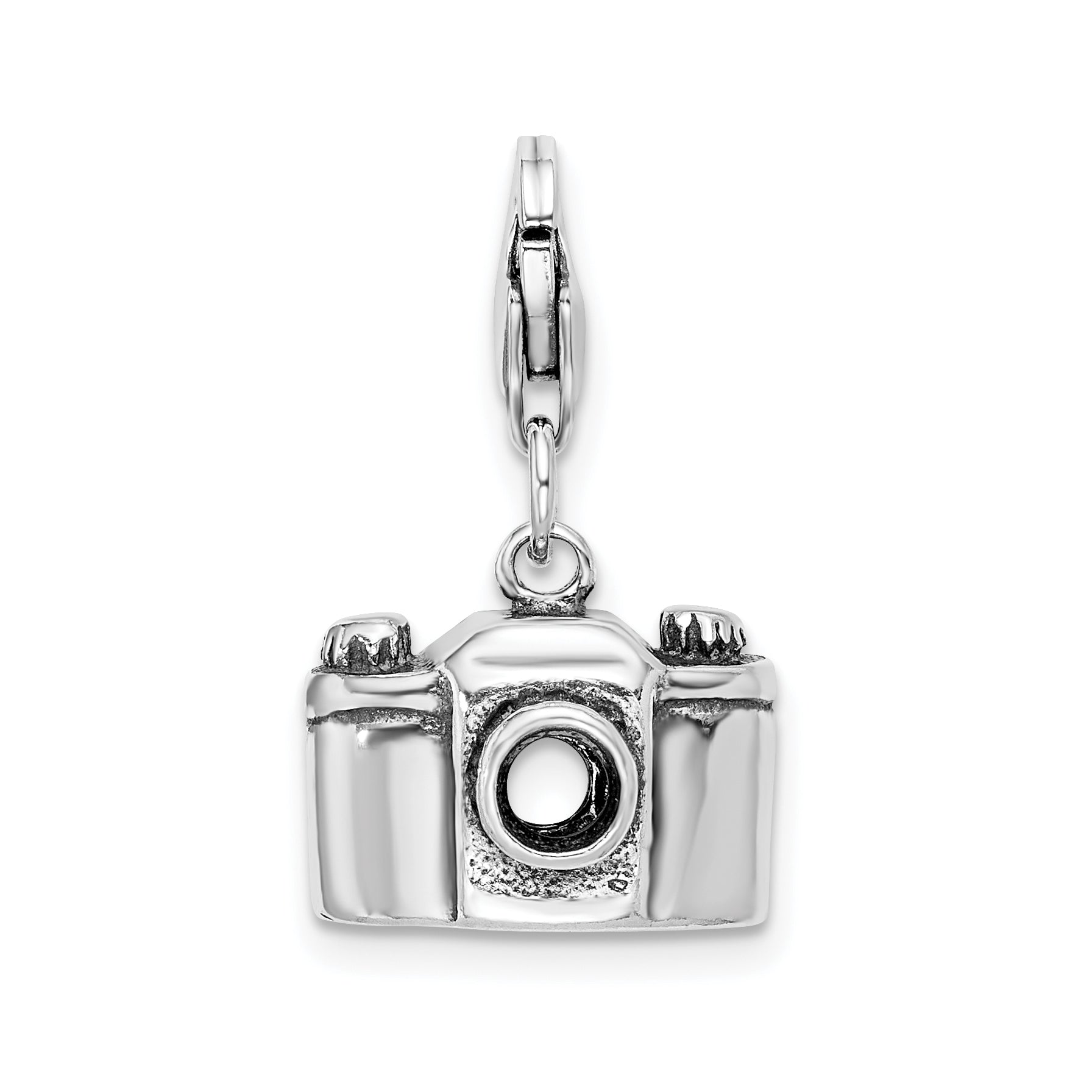 Sterling Silver Amore La Vita Rhodium-Plated Polished 3-D Antiqued Camera Charm With Fancy Lobster Clasp