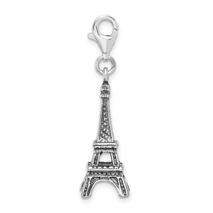 Sterling Silver Amore La Vita Rhodium-Plated Polished 3-D Antiqued Eiffel Tower Charm With Fancy Lobster Clasp