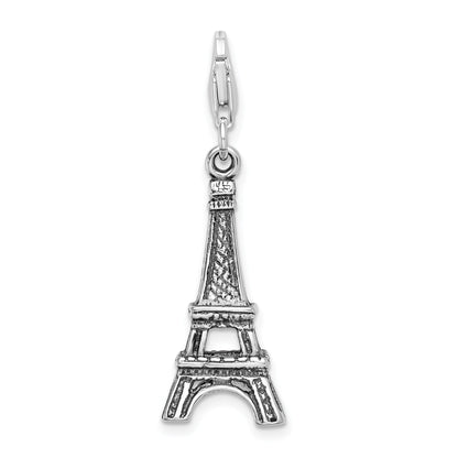 Sterling Silver Amore La Vita Rhodium-Plated Polished 3-D Antiqued Eiffel Tower Charm With Fancy Lobster Clasp