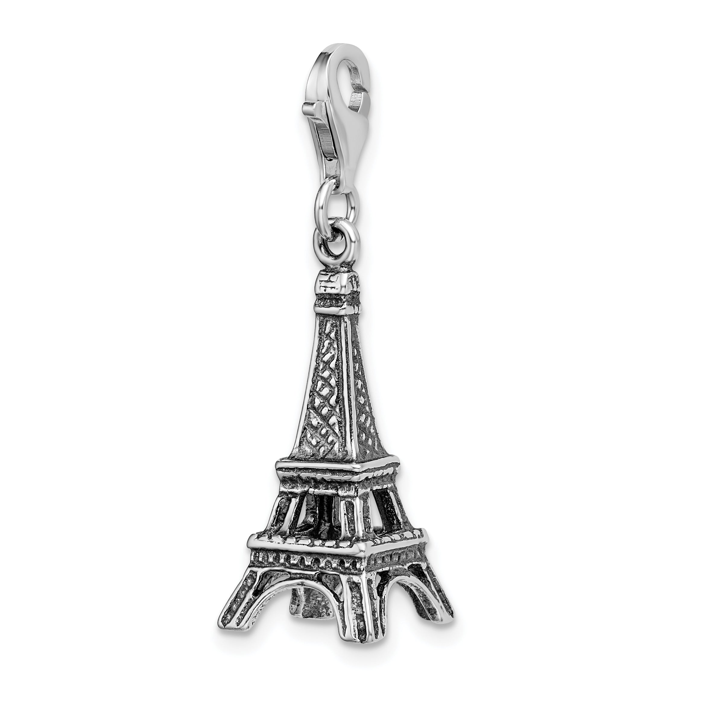 Sterling Silver Amore La Vita Rhodium-Plated Polished 3-D Antiqued Eiffel Tower Charm With Fancy Lobster Clasp