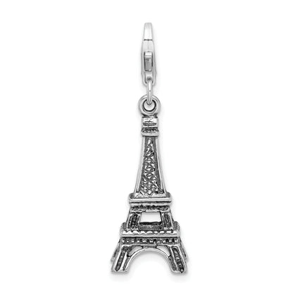Sterling Silver Amore La Vita Rhodium-Plated Polished 3-D Antiqued Eiffel Tower Charm With Fancy Lobster Clasp