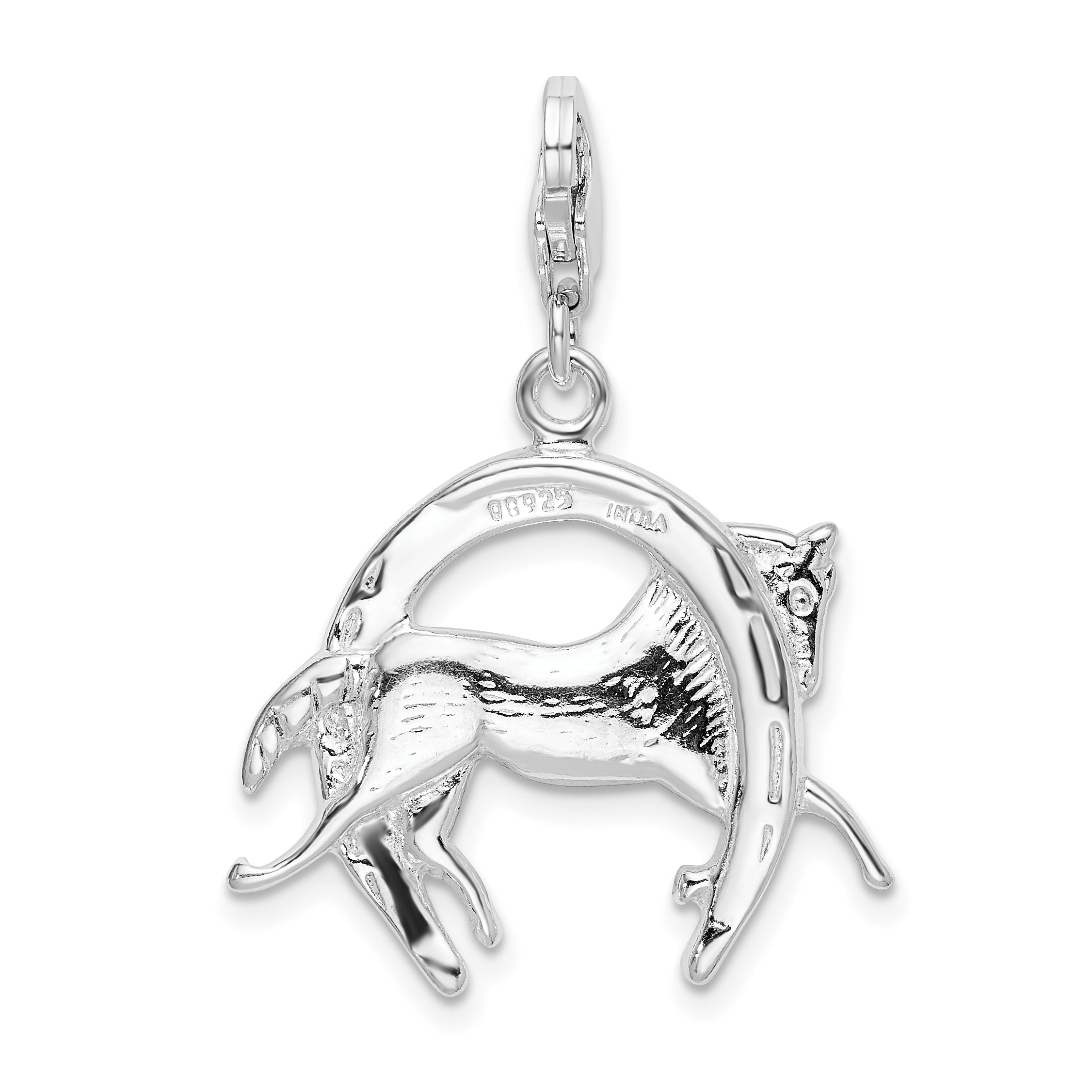 Sterling Silver Amore La Vita Rhodium-Plated Polished 3-D Horse In Horseshoe Charm With Fancy Lobster Clasp