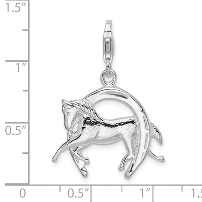 Sterling Silver Amore La Vita Rhodium-Plated Polished 3-D Horse In Horseshoe Charm With Fancy Lobster Clasp