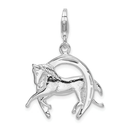 Sterling Silver Amore La Vita Rhodium-Plated Polished 3-D Horse In Horseshoe Charm With Fancy Lobster Clasp