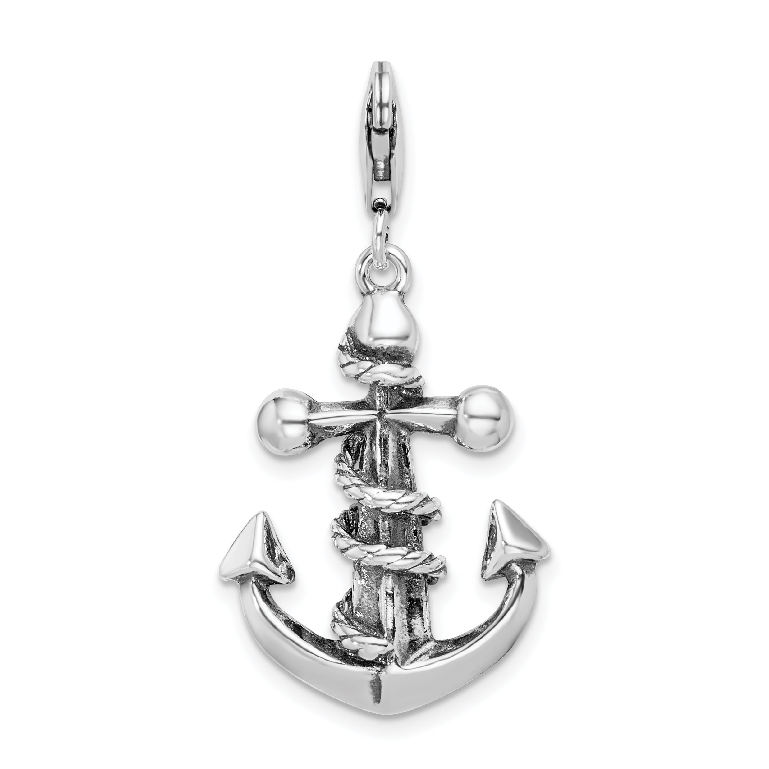 Sterling Silver Amore La Vita Rhodium-Plated Polished 3-D Antiqued Anchor And Rope Charm With Fancy Lobster Clasp