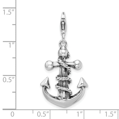 Sterling Silver Amore La Vita Rhodium-Plated Polished 3-D Antiqued Anchor And Rope Charm With Fancy Lobster Clasp