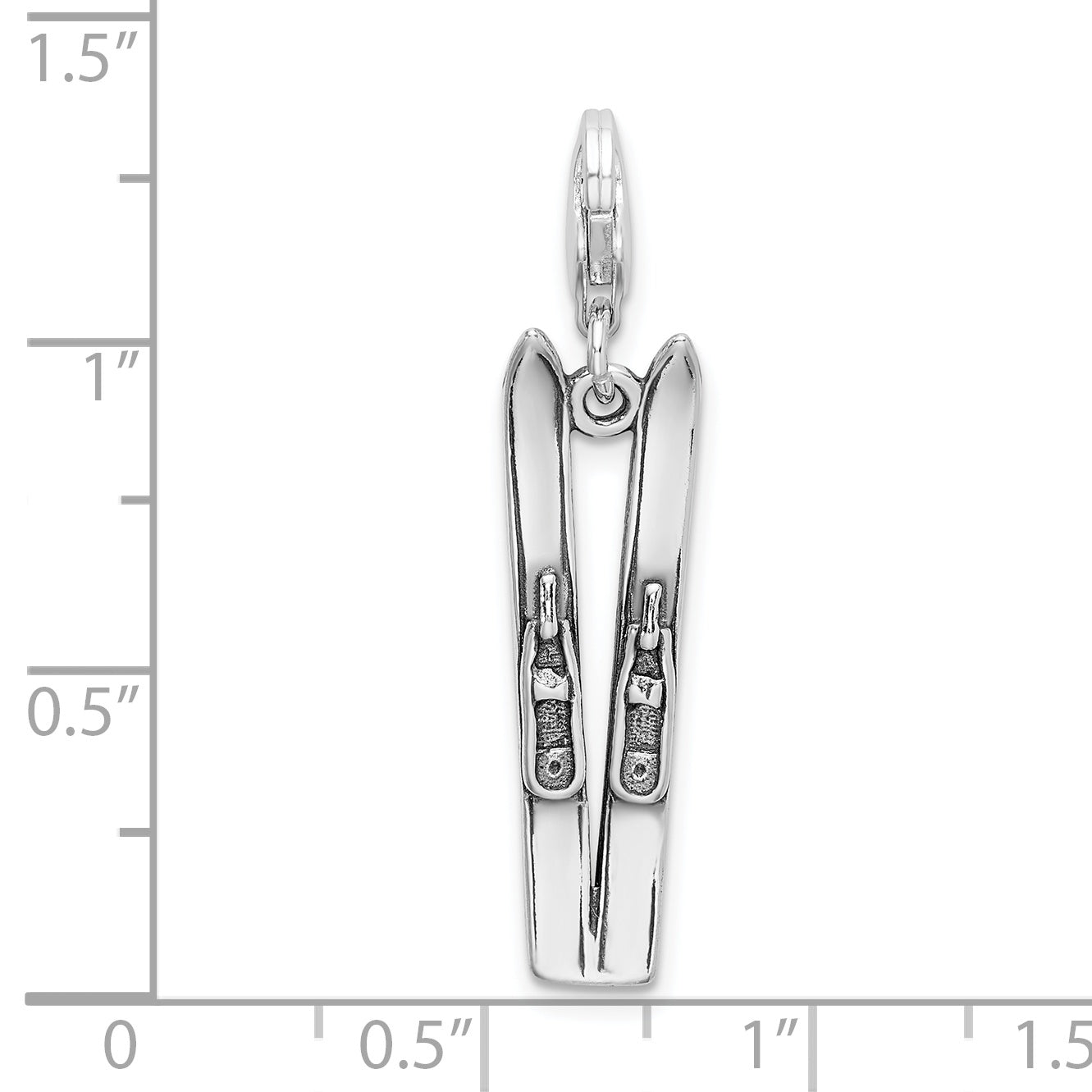 Sterling Silver Amore La Vita Rhodium-Plated Polished 3-D Antiqued Skis Charm With Fancy Lobster Clasp