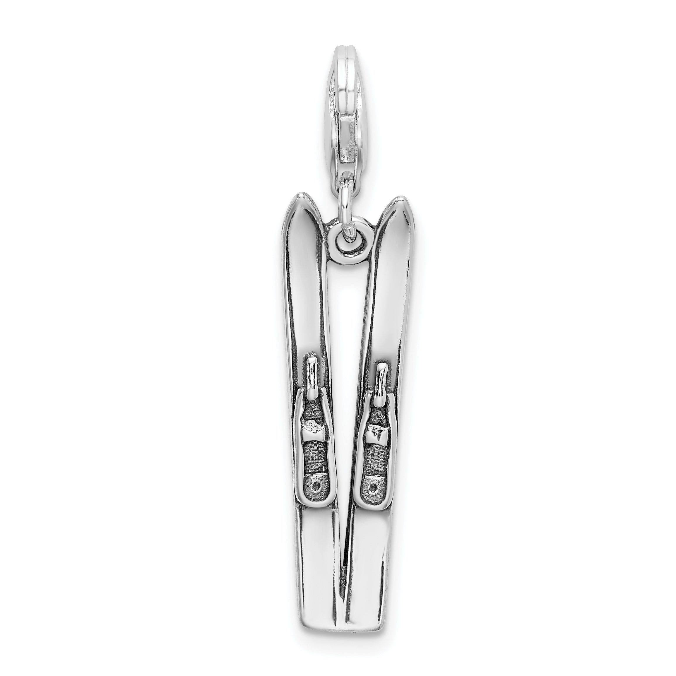 Sterling Silver Amore La Vita Rhodium-Plated Polished 3-D Antiqued Skis Charm With Fancy Lobster Clasp