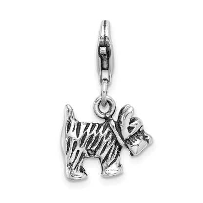Sterling Silver Amore La Vita Rhodium-Plated Polished 3-D Antiqued Scottie Dog Charm With Fancy Lobster Clasp