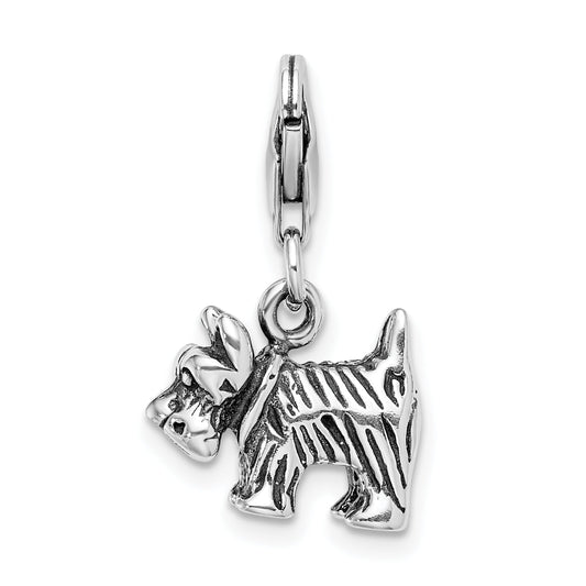 Sterling Silver Amore La Vita Rhodium-Plated Polished 3-D Antiqued Scottie Dog Charm With Fancy Lobster Clasp