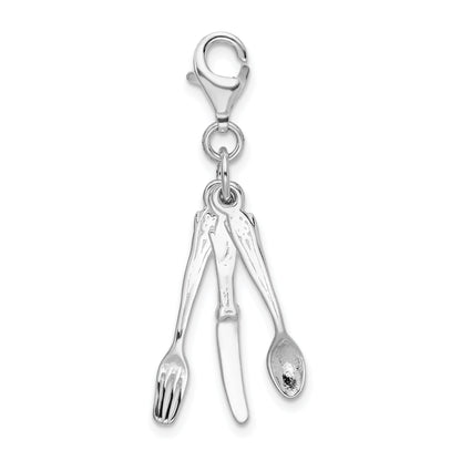Sterling Silver Amore La Vita Rhodium-Plated Polished 3-D Cutlery Charm With Fancy Lobster Clasp