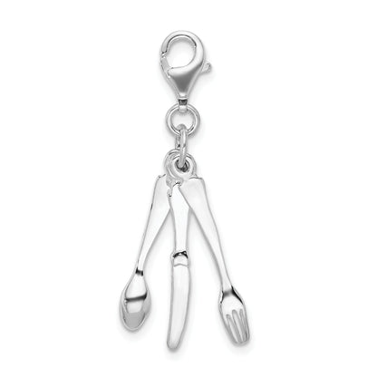 Sterling Silver Amore La Vita Rhodium-Plated Polished 3-D Cutlery Charm With Fancy Lobster Clasp