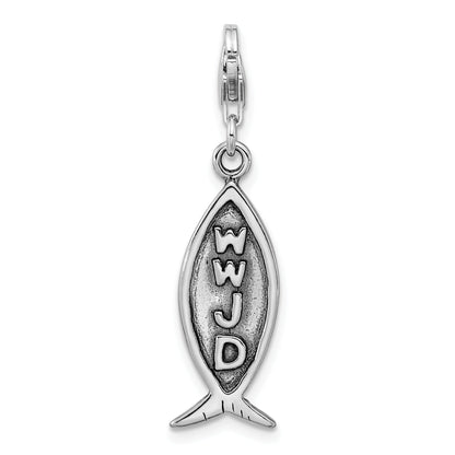 Sterling Silver Amore La Vita Rhodium-Plated Polished Antiqued Wwjd Ichthus Charm With Fancy Lobster Clasp