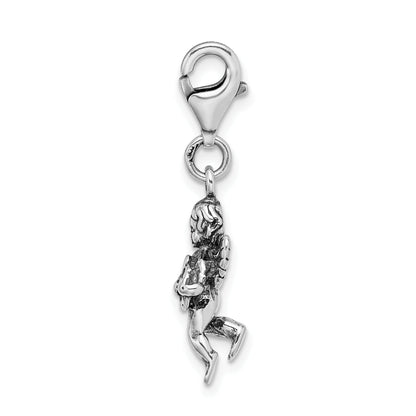 Sterling Silver Amore La Vita Rhodium-Plated Polished 3-D Antiqued Angel With Harp Charm Fancy Lobster Clasp