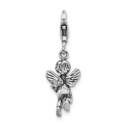 Sterling Silver Amore La Vita Rhodium-Plated Polished 3-D Antiqued Angel With Harp Charm Fancy Lobster Clasp