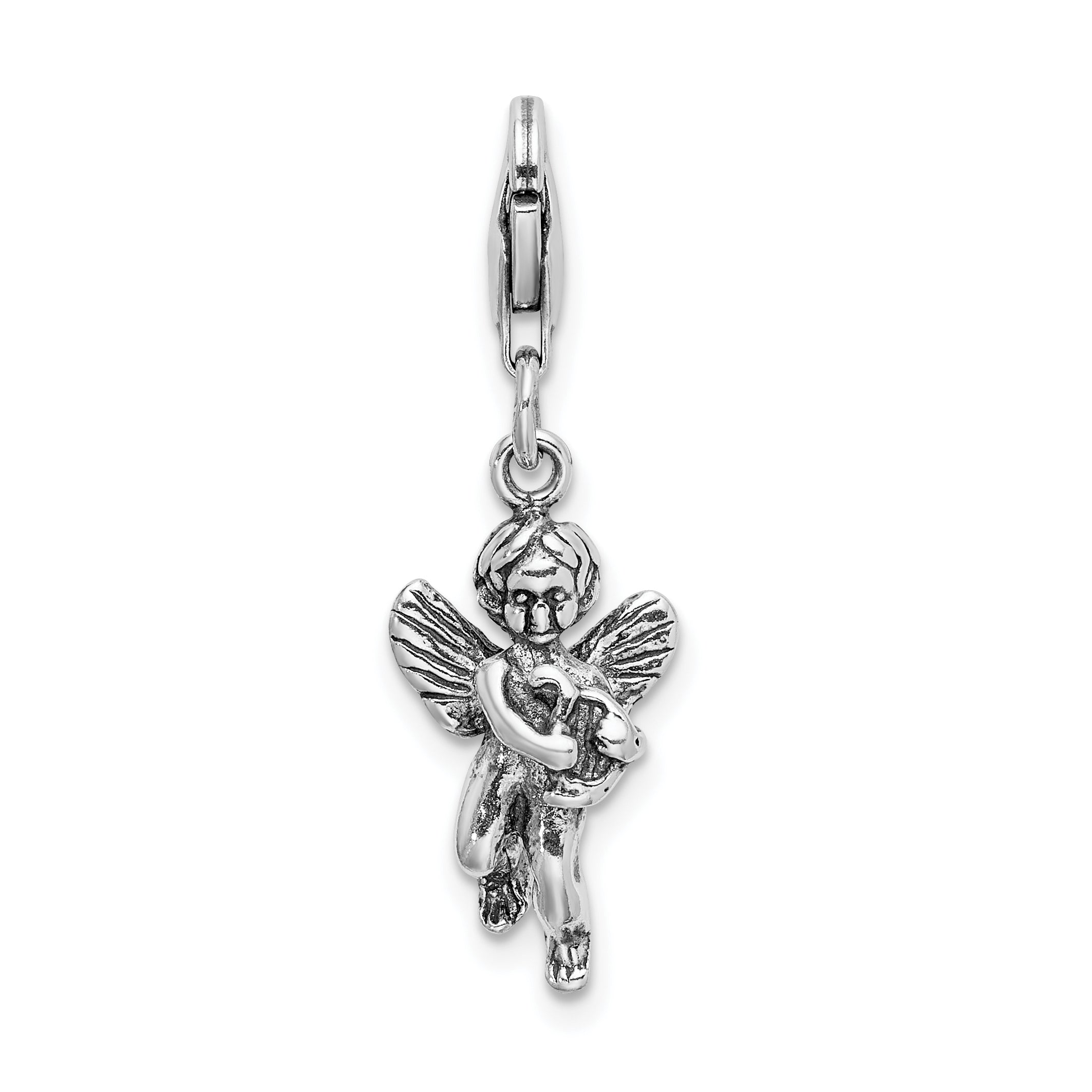 Sterling Silver Amore La Vita Rhodium-Plated Polished 3-D Antiqued Angel With Harp Charm Fancy Lobster Clasp