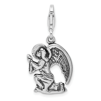 Sterling Silver Amore La Vita Rhodium-Plated Polished 3-D Antique Kneeling Angel Charm With Fancy Lobster Clasp
