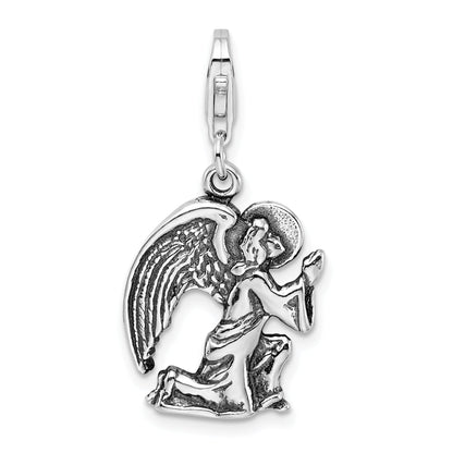 Sterling Silver Amore La Vita Rhodium-Plated Polished 3-D Antique Kneeling Angel Charm With Fancy Lobster Clasp