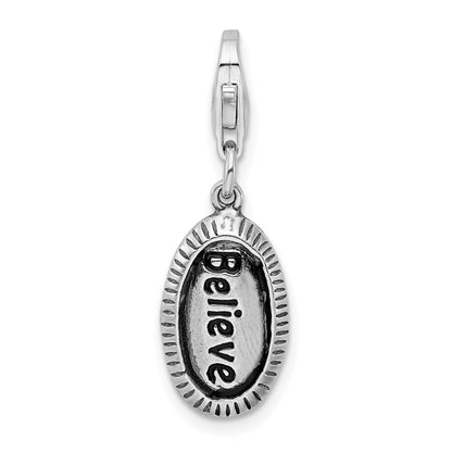 Sterling Silver Amore La Vita Rhodium-Plated Polished Antiqued Believe Charm With Fancy Lobster Clasp