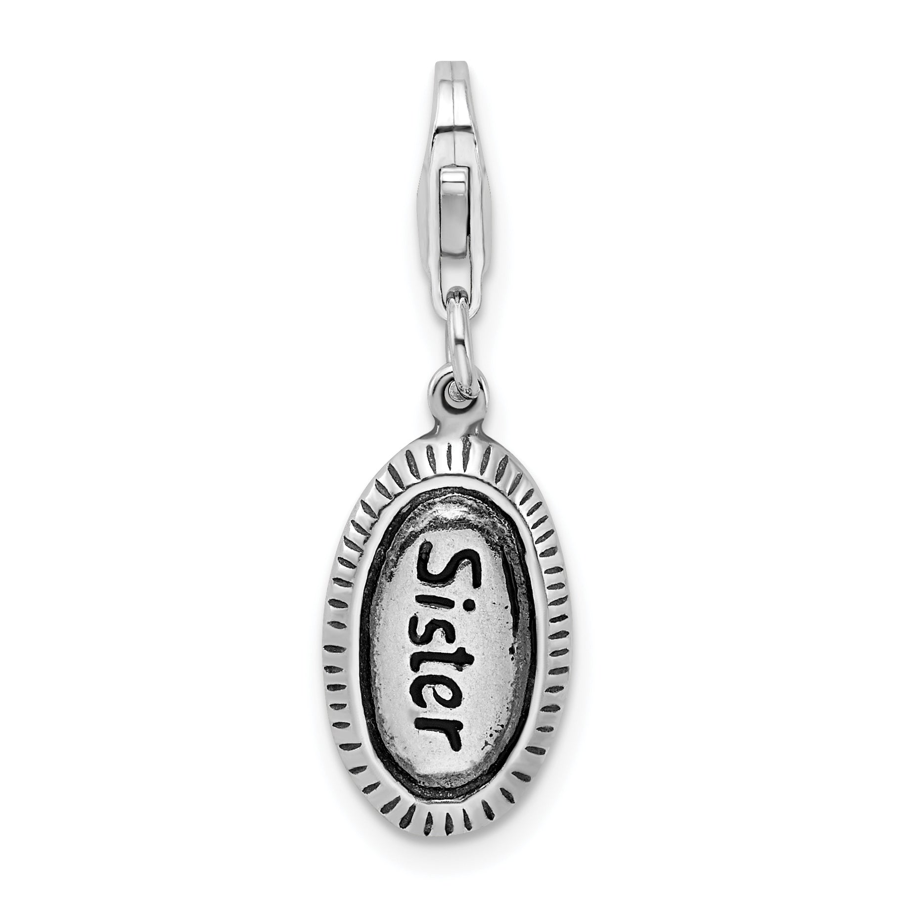 Sterling Silver Amore La Vita Rhodium-Plated Polished Antiqued Sister Charm With Fancy Lobster Clasp