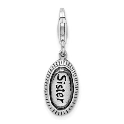 Sterling Silver Amore La Vita Rhodium-Plated Polished Antiqued Sister Charm With Fancy Lobster Clasp