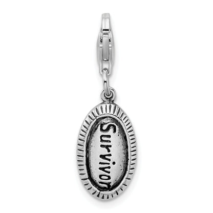 Sterling Silver Amore La Vita Rhodium-Plated Polished Antiqued Survivor Charm With Fancy Lobster Clasp