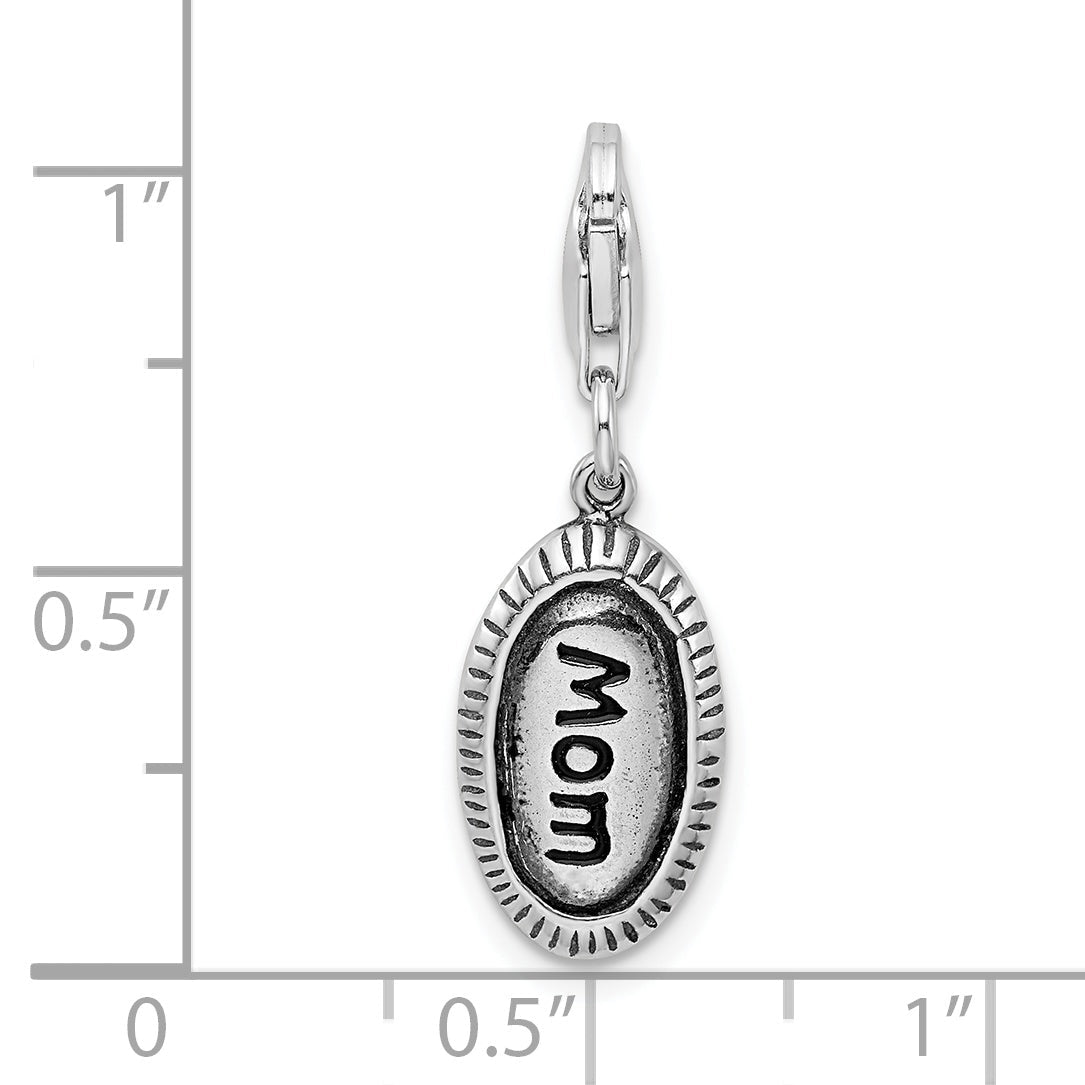 Sterling Silver Amore La Vita Rhodium-Plated Polished Antiqued Mom Charm With Fancy Lobster Clasp