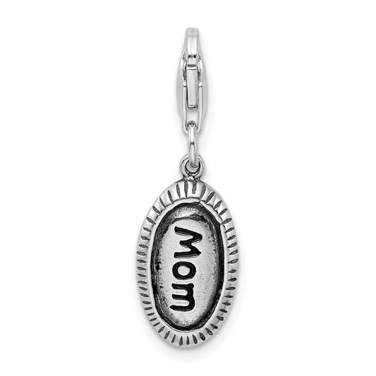 Sterling Silver Amore La Vita Rhodium-Plated Polished Antiqued Mom Charm With Fancy Lobster Clasp