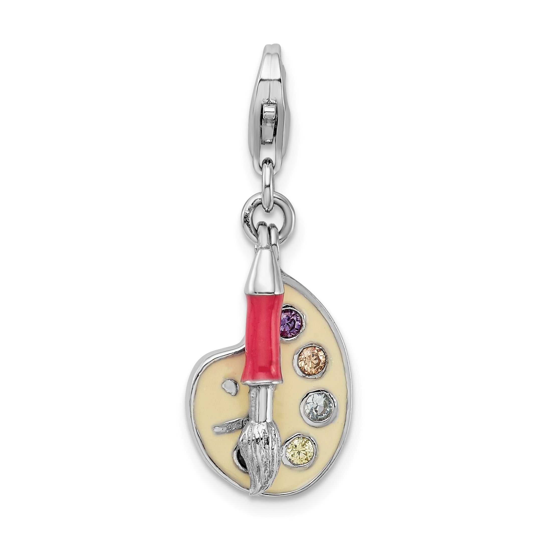 Sterling Silver Amore La Vita Rhodium-Plated Polished 3-D Cz Enameled Artist Palette Charm With Fancy Lobster Clasp