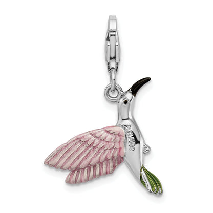 Sterling Silver Amore La Vita Rhodium-Plated Polished 3-D Enameled Hummingbird Charm With Fancy Lobster Clasp