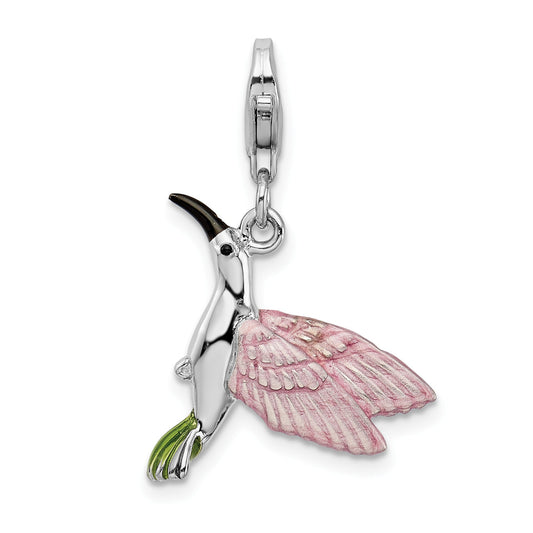Sterling Silver Amore La Vita Rhodium-Plated Polished 3-D Enameled Hummingbird Charm With Fancy Lobster Clasp