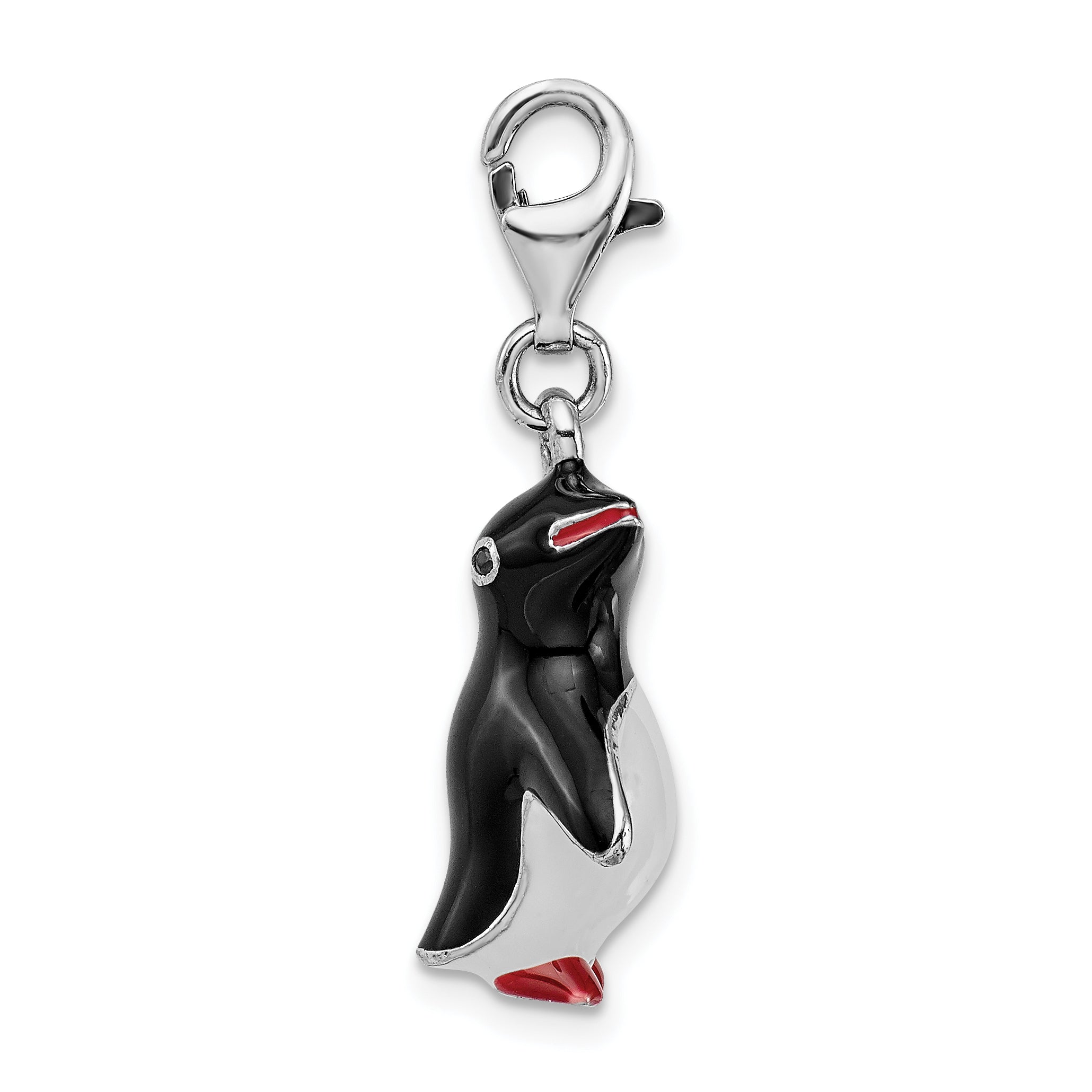 Sterling Silver Amore La Vita Rhodium-Plated Polished 3-D Enameled Penguin Charm With Fancy Lobster Clasp
