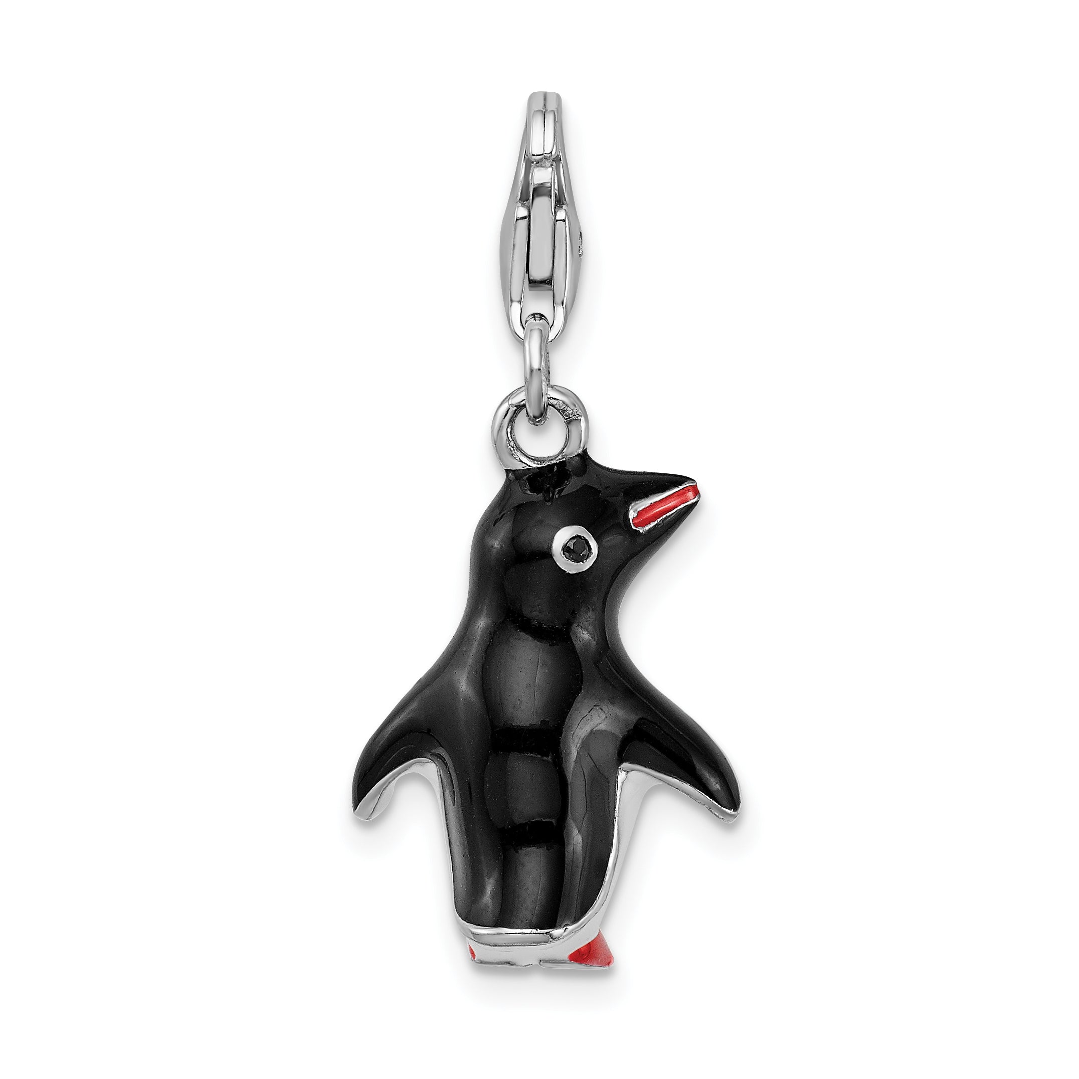 Sterling Silver Amore La Vita Rhodium-Plated Polished 3-D Enameled Penguin Charm With Fancy Lobster Clasp