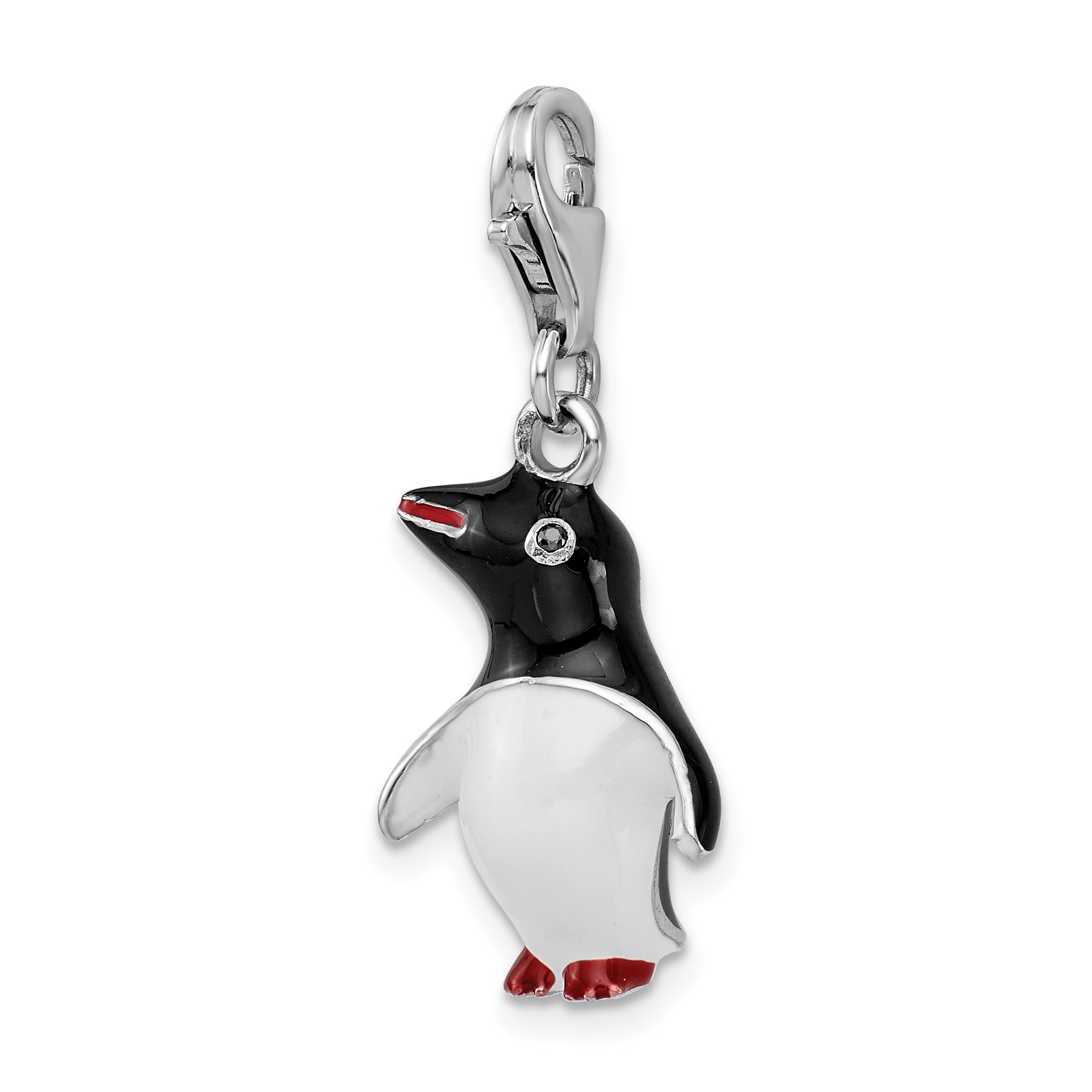 Sterling Silver Amore La Vita Rhodium-Plated Polished 3-D Enameled Penguin Charm With Fancy Lobster Clasp