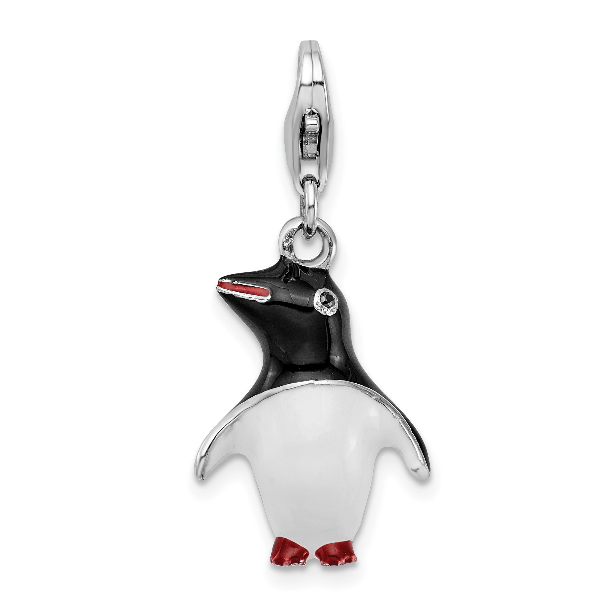 Sterling Silver Amore La Vita Rhodium-Plated Polished 3-D Enameled Penguin Charm With Fancy Lobster Clasp