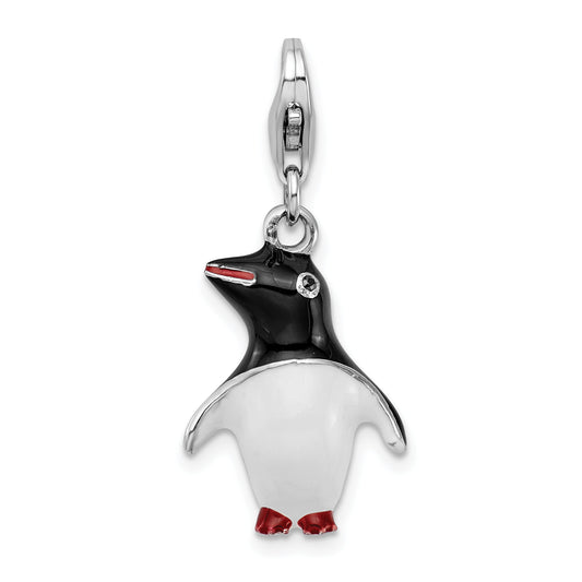 Sterling Silver Amore La Vita Rhodium-Plated Polished 3-D Enameled Penguin Charm With Fancy Lobster Clasp