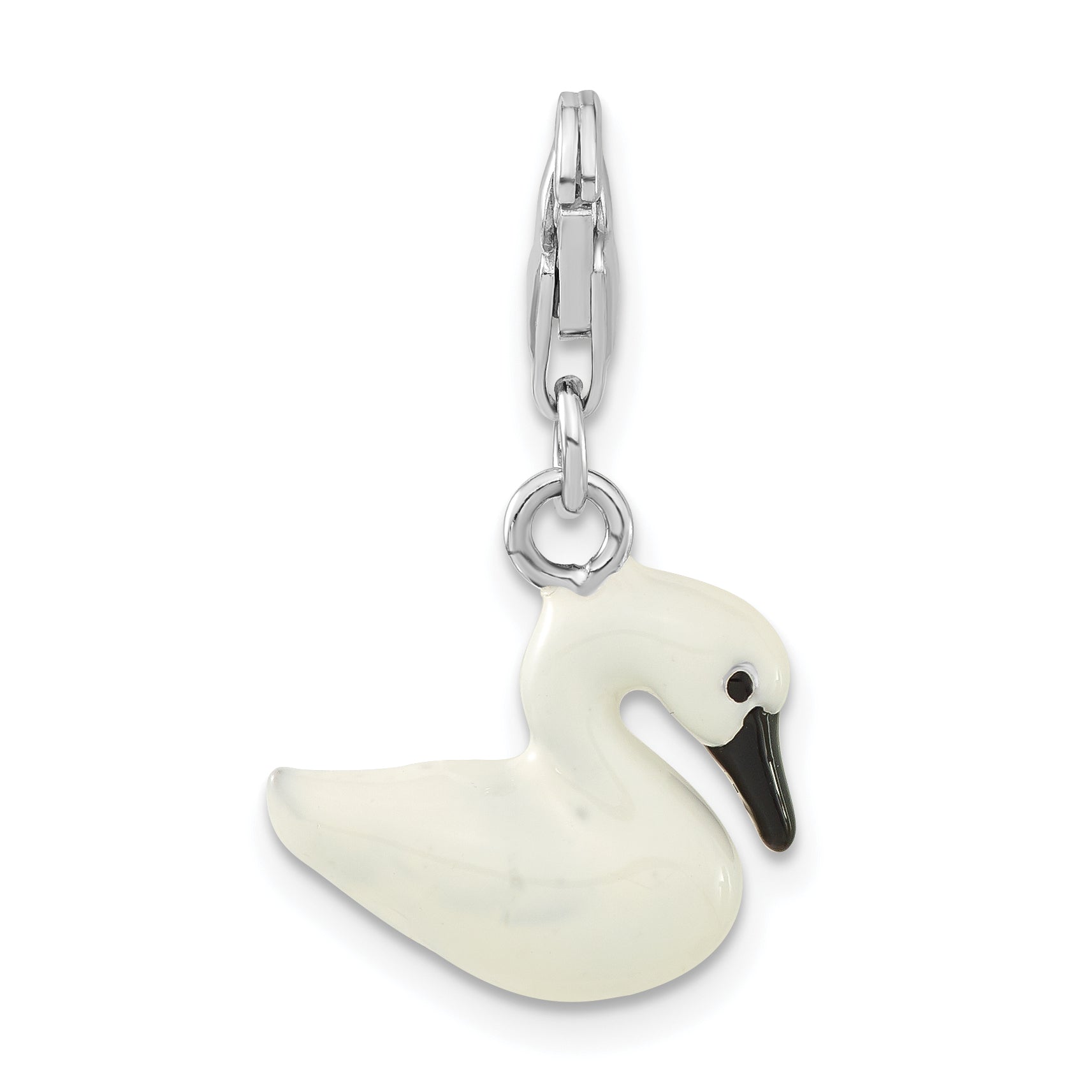Sterling Silver 3-D Enameled White Swan W/ Lobster Clasp Charm