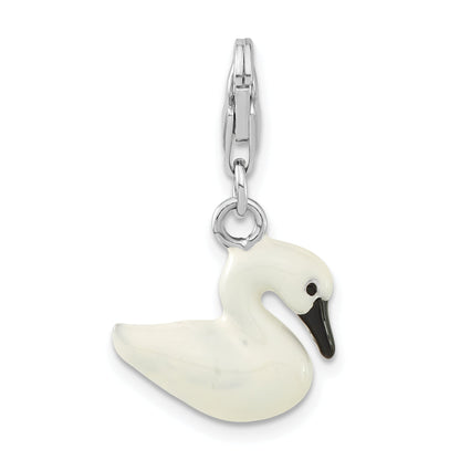 Sterling Silver 3-D Enameled White Swan W/ Lobster Clasp Charm