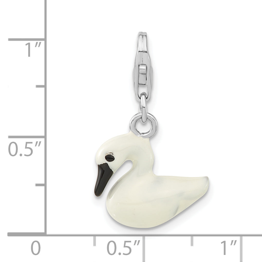 Sterling Silver 3-D Enameled White Swan W/ Lobster Clasp Charm