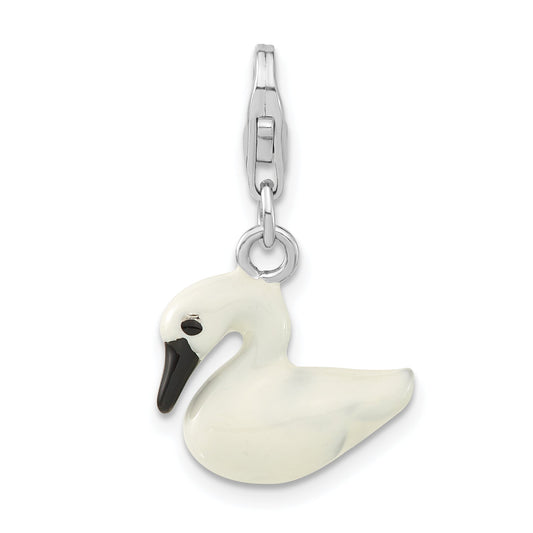 Sterling Silver 3-D Enameled White Swan W/ Lobster Clasp Charm