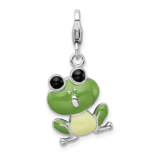 Sterling Silver Amore La Vita Rhodium-Plated Polished Enameled Frog Charm With Fancy Lobster Clasp