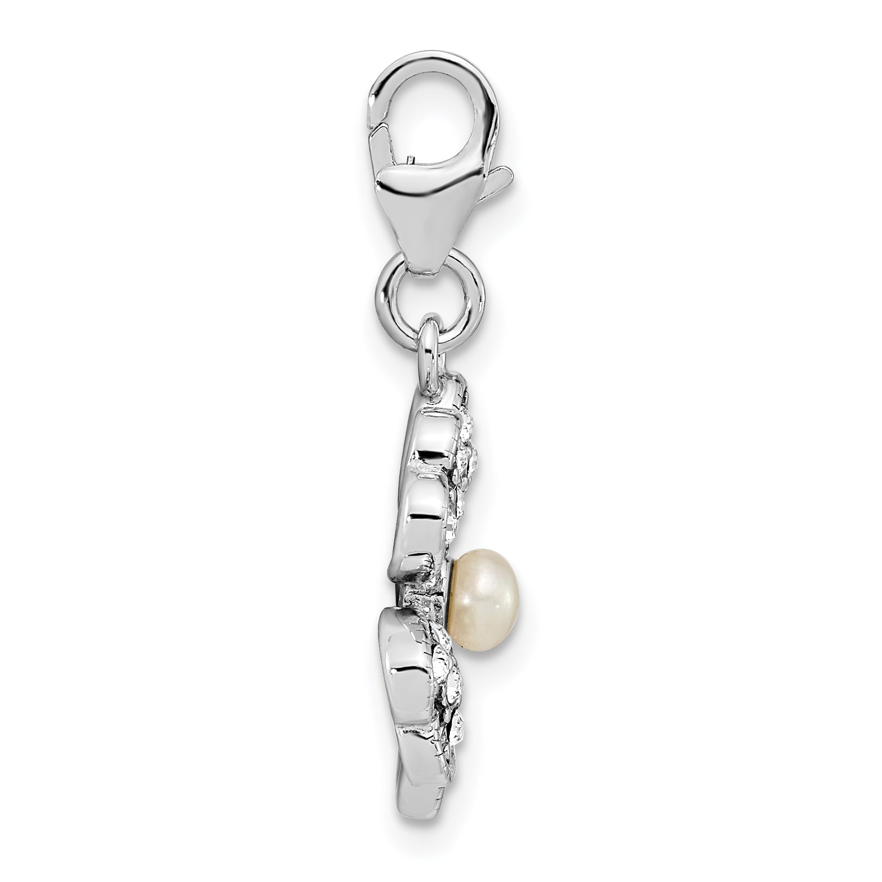 Sterling Silver Amore La Vita Rhodium-Plated Polished Freshwater Cultured Pearl Crystal From Swarovski Clover Charm With Fancy Lobster Clasp