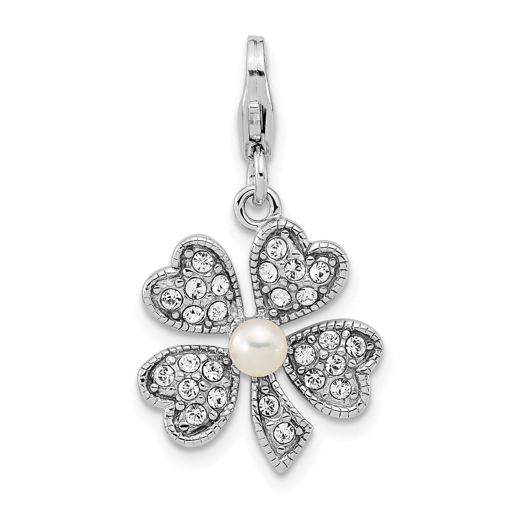Sterling Silver Amore La Vita Rhodium-Plated Polished Freshwater Cultured Pearl Crystal From Swarovski Clover Charm With Fancy Lobster Clasp