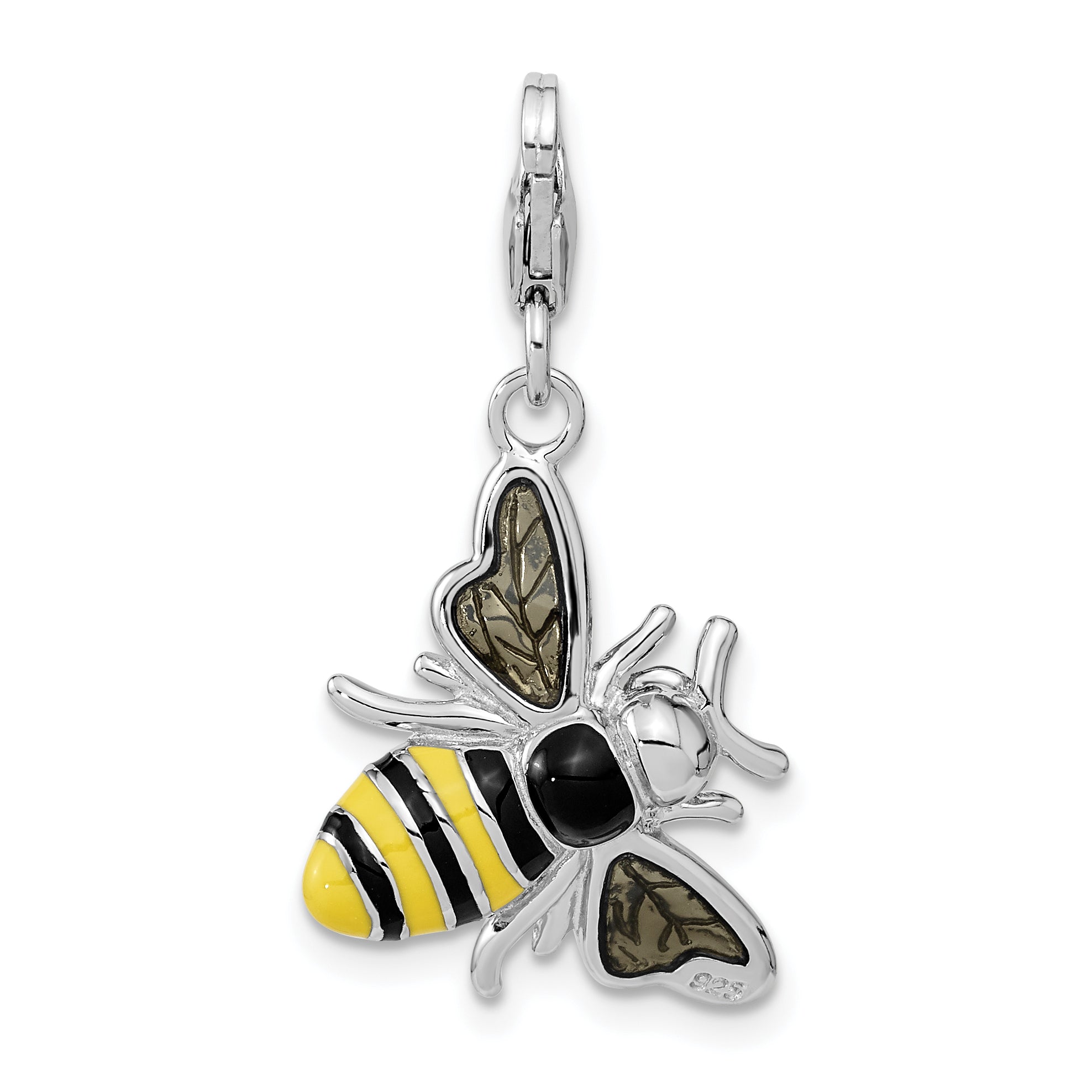 Sterling Silver Amore La Vita Rhodium-Plated Polished Enameled 3-D Bubble Bee Charm With Fancy Lobster Clasp
