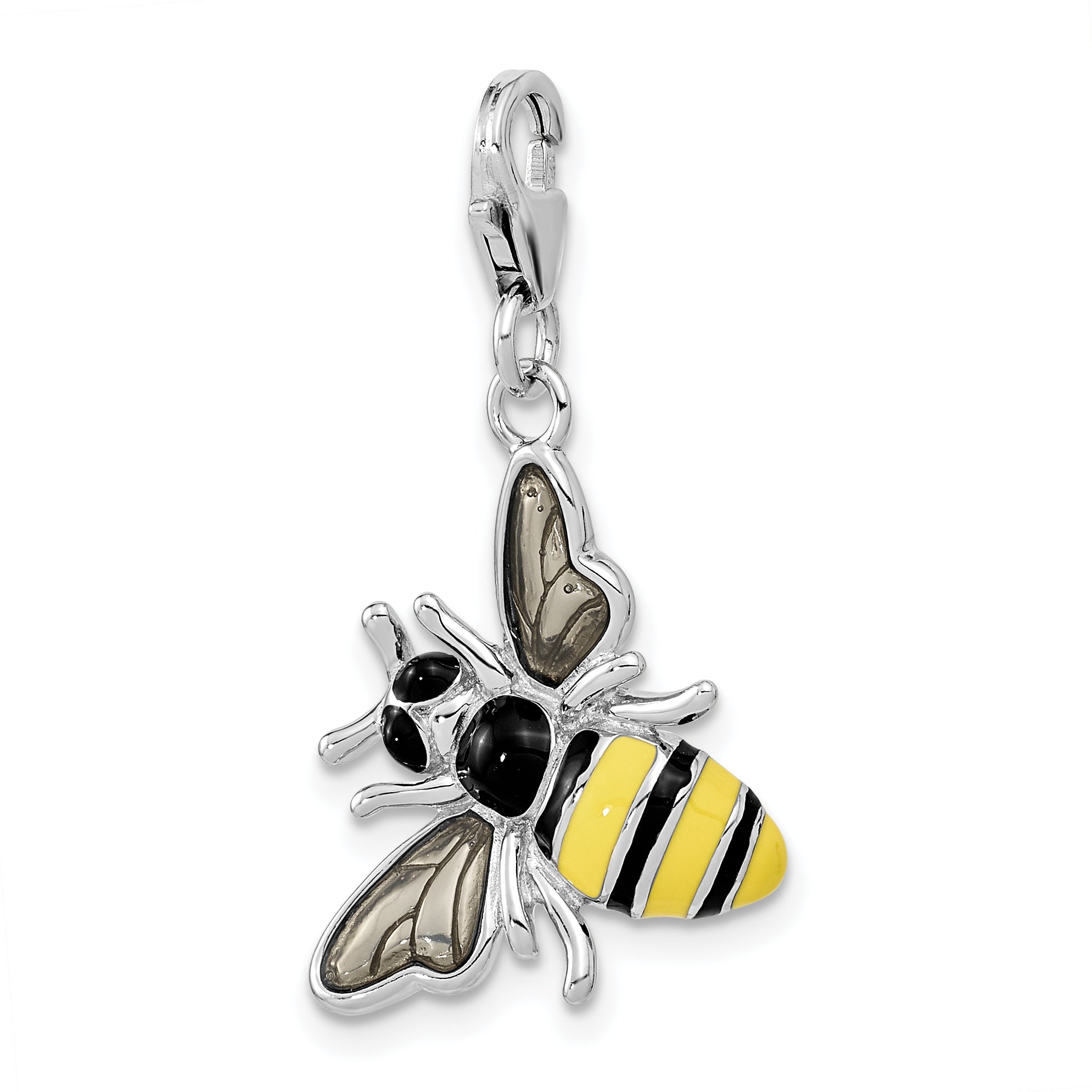 Sterling Silver Amore La Vita Rhodium-Plated Polished Enameled 3-D Bubble Bee Charm With Fancy Lobster Clasp