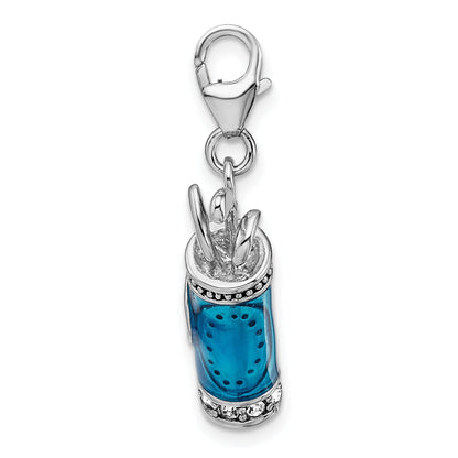 Sterling Silver Amore La Vita Rhodium-Plated Polished 3-D Enameled Golf Bag And Clubs Charm With Fancy Lobster Clasp