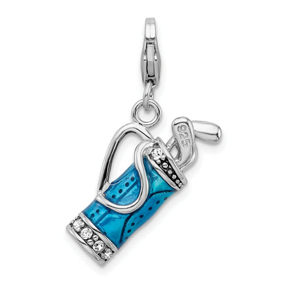 Sterling Silver Amore La Vita Rhodium-Plated Polished 3-D Enameled Golf Bag And Clubs Charm With Fancy Lobster Clasp