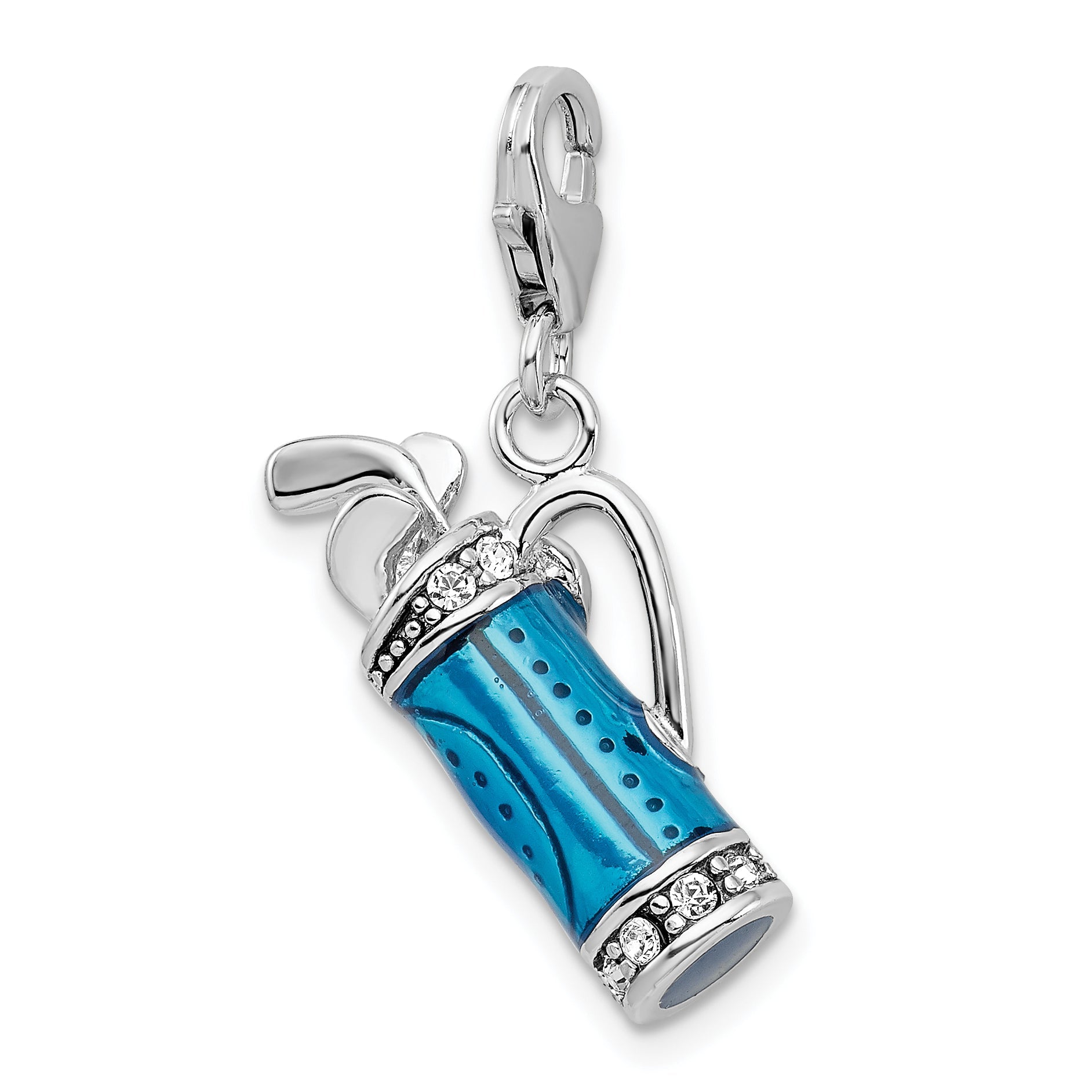 Sterling Silver Amore La Vita Rhodium-Plated Polished 3-D Enameled Golf Bag And Clubs Charm With Fancy Lobster Clasp