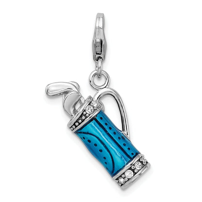 Sterling Silver Amore La Vita Rhodium-Plated Polished 3-D Enameled Golf Bag And Clubs Charm With Fancy Lobster Clasp