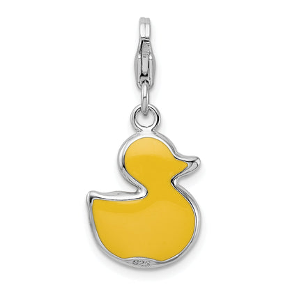 Sterling Silver Amore La Vita Rhodium-Plated Polished Enameled 3-D Duck Charm With Fancy Lobster Clasp